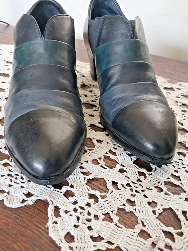 Spring Step Size 6.5 M HAHAN Black Green Gray Leather Slip-On Heeled Shoe Boot - Picture 6 of 11