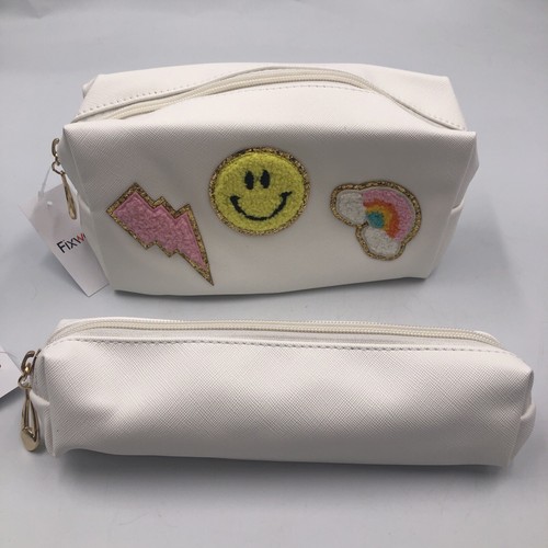 NWT White Rainbow Lighting Smiley Face Embroidered Patches Make Up Travel Bag - Picture 2 of 9