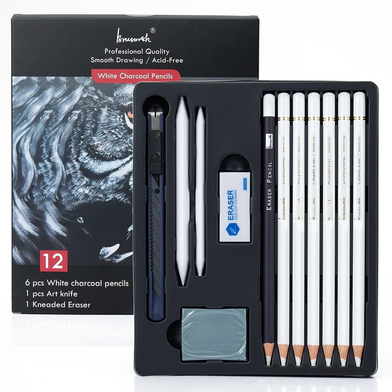 White Charcoal Pencils Set - 12 Piece White Colored Pencils 