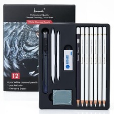 White Charcoal Pencils Set - 12 Piece White Colored Pencils for Drawing, Sket...