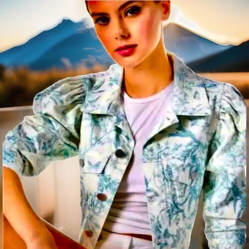 ELIE TAHARI NWT Puff Sleeve Romantic Floral Printed Denim Cropped Jacket Sz Lg