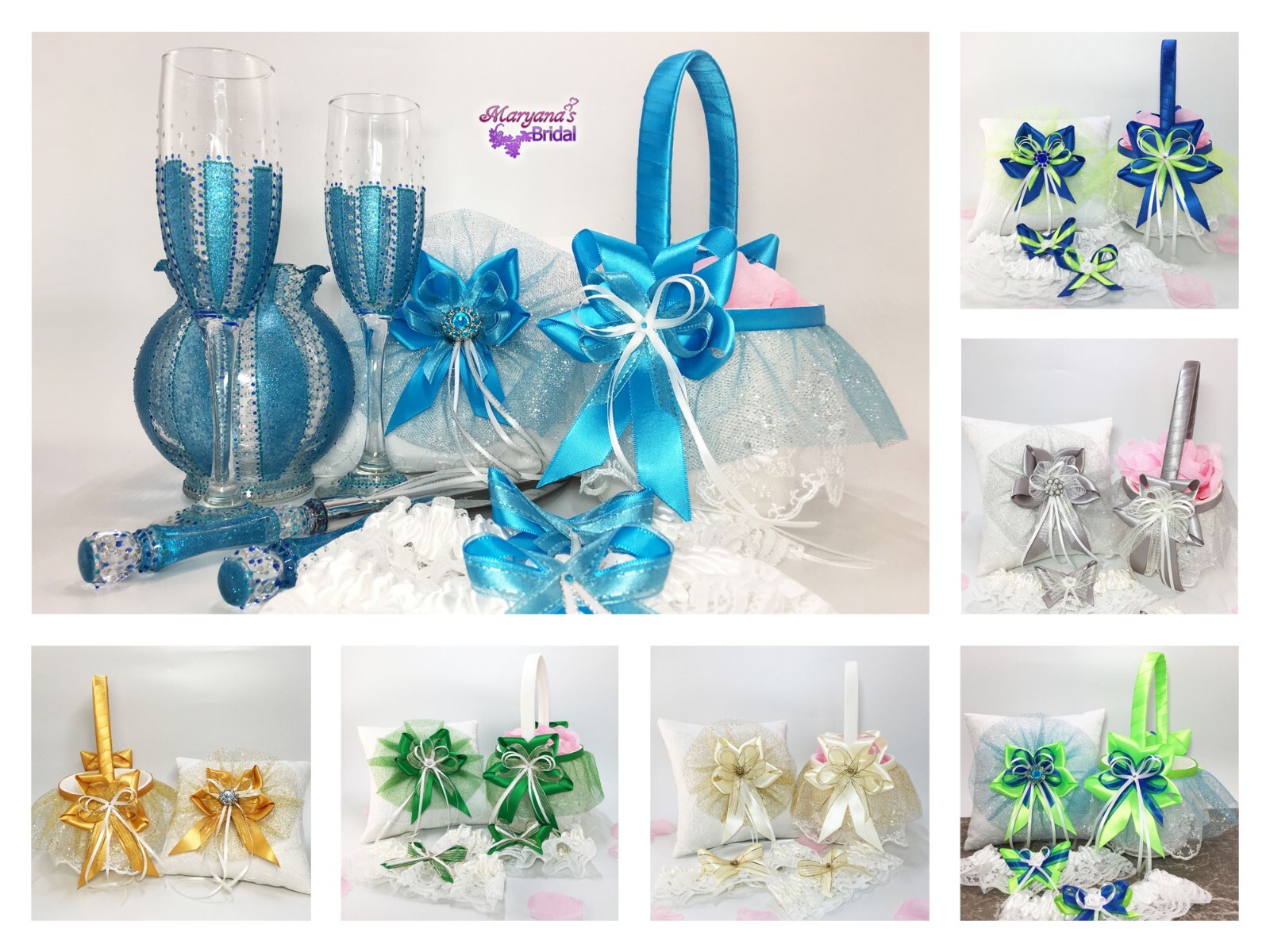 Emerald Royal Blue Turquoise Green Ring Bearer Pillow and Flower Girl Basket Set  -image