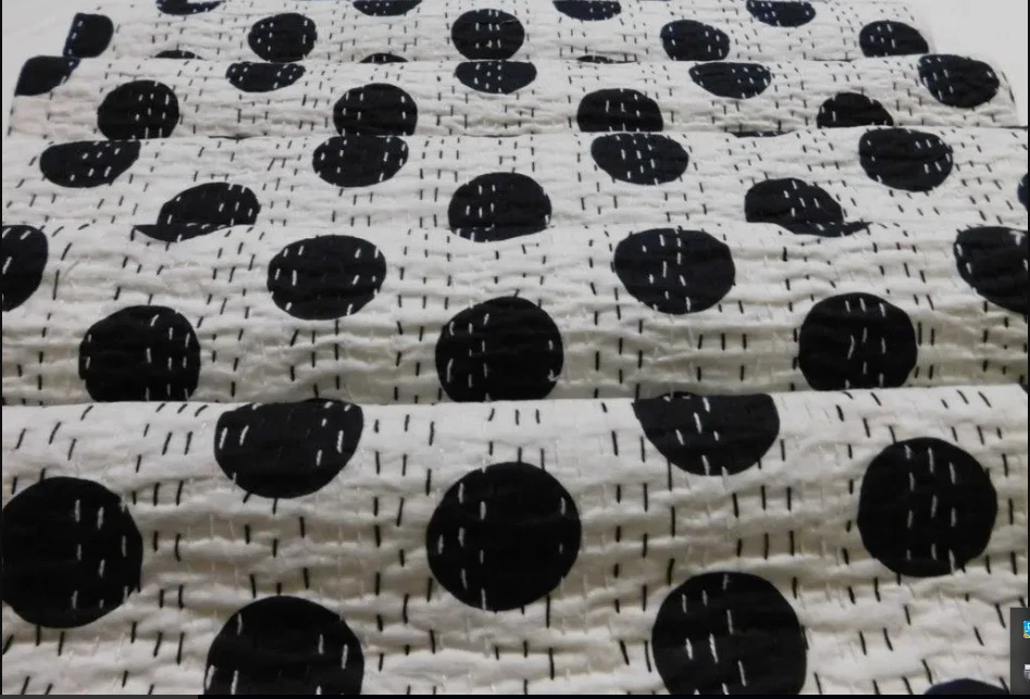 Colcha colcha de algodón Kantha india talla Queen negra a lunares vintage Foto 2 de 3