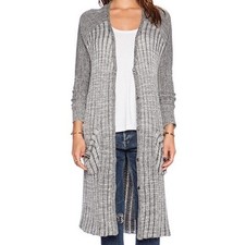 Free People Long Line Lagenlook Ribbed Duster Cardigan Knit Sweater Pockets XS