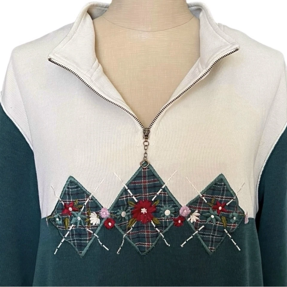 Vintage Womens Embroidered Flower Granny Cottage 1/4 Zip Sweatshirt Plaid Sz 2X - Image 2 of 4