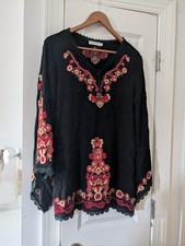 Aikadi Dress Tunic Womens Black Bohemian Embroidered Bell Flared Sleeve Large