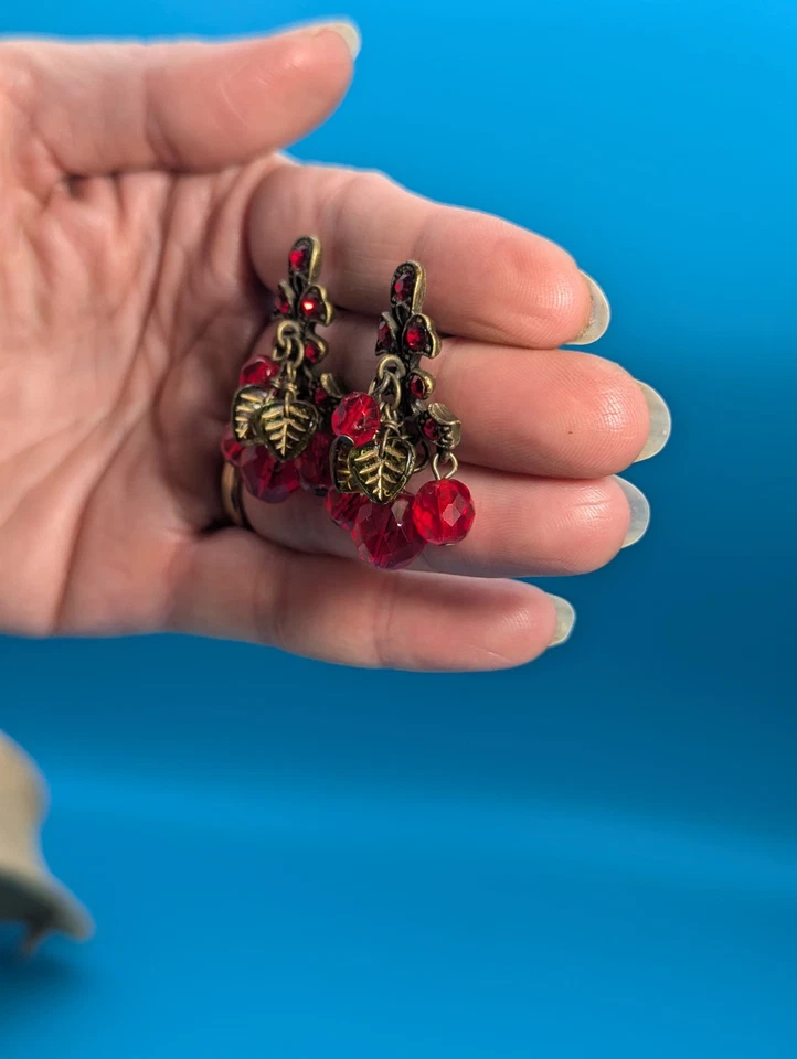 Pendientes colgantes/gotas Sweet Romance rojo cereza hoja verde cristal jubileo Foto 3 de 4