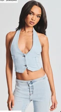 SER.O.YA Denim Manny Vest Womens XS Skylight Halter Cropped NWT Missing Button