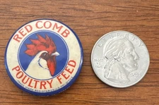 Vintage Red Comb Poultry Feed Rooster Pinback Button Celluloid Advertising 1.25”