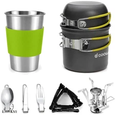 Complete Camping Cookware: Mini Stove & Stainless Steel Cup for Hiking & Picnics