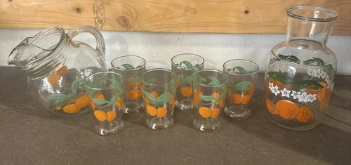 Vintage Anchor Hocking Orange Juice Carafe & Pitcher with Set of 6 Glasses