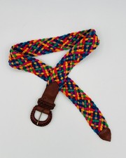 Colorful Woven Braided Belt with Brown Leather Accents, Medium Size, Made in USA