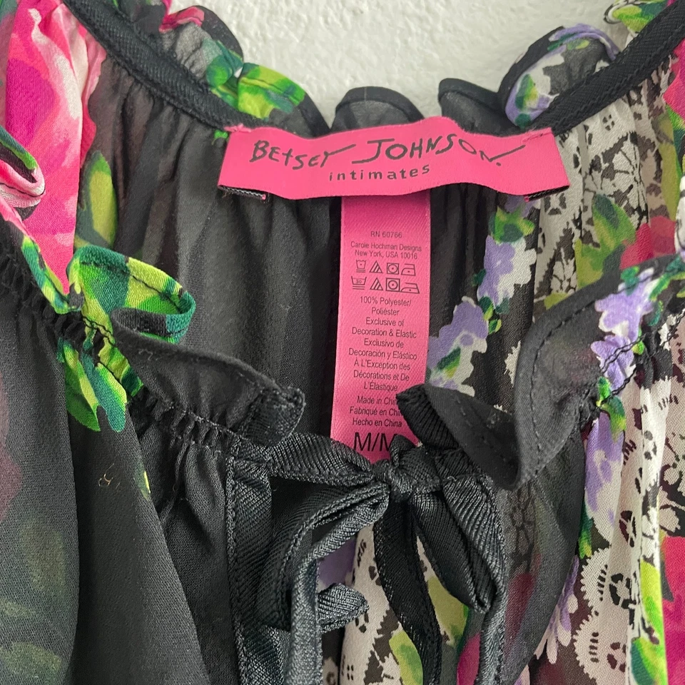 Vestido Betsey Johnson Mujer M Negro Transparente Floral Hada Coqueta Volantes Íntimo Foto 3 de 4