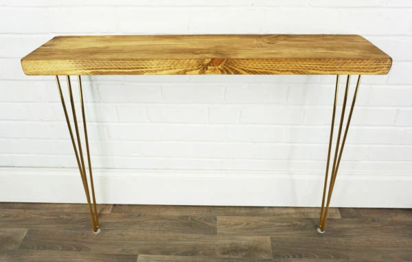 Console Table With Gold Hair Pin Legs Solid Reclaimed Timber Style 24CM X 4.4CM - Image 3 of 4
