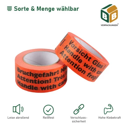 BB-VERPACKUNGEN® "Vorsicht Glas!" u. "Bruchgefahr!" Warnklebeband Papierklebeband Klebeband Umzug