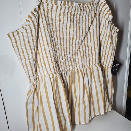 New AVA & VIV Women's Plus Size 3X Ruffle Strap Smocked Tank Top Gold Stripe - Picture 2 of 12