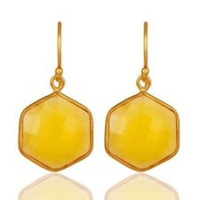 Bezel-Set Yellow Chalcedony 925 Sterling Silver Earring Bridal Gift Jewelry
