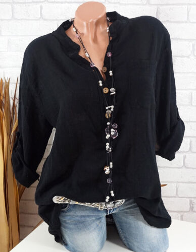 Bluse Damen Italy Tunika Longbluse Fischerhemd Leinen Optik schwarz 36 38 40 42 - Bild 1 von 10