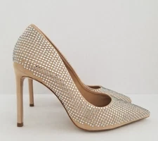 SCHUTZ Nude Rhinestone Crystal Studded Lou Nubuck Pumps Stiletto Heels 8 B GUC