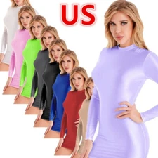 US Women Long Sleeve Glossy Bodycon Dresses Mock Neck Mini Pencil Dress Clubwear