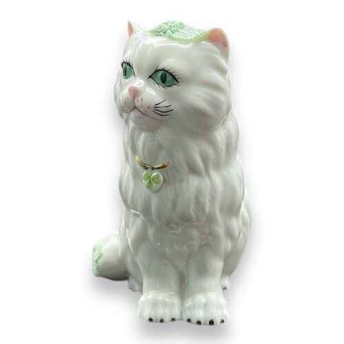 AS IS Vintage Irish Dresden White Porcelain Kitty Cat Figurine Shamrock & Gold - Picture 2 of 13