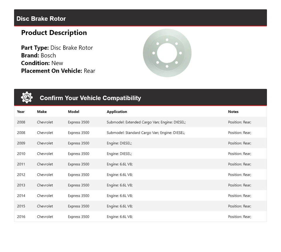 Rotor de freno de disco trasero QuietCast 2009 para Chevrolet Express 3500 2008-2016 Bosch Foto 2 de 4