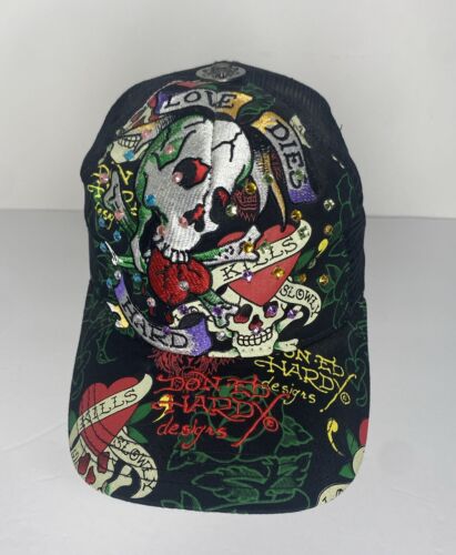 Ed Hardy LOVE DIES HARD Rhinestone Cap Snapback Mesh Trucker Hat Skull Bling - Picture 4 of 13