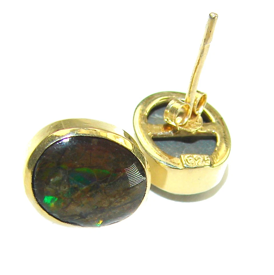 Pendientes Ammolita Verde Ovalado Plata de Ley 925 Oro 14K Hecho a Mano 5.5g Foto 2 de 4