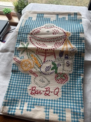 Vintage Kentfields Bar-B-Q BBQ Towel Turquoise Gingham Faux Embroidery