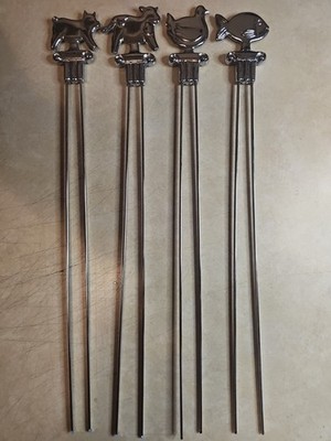VINTAGE STAINLESS STEEL DOUBLE SKEWERS FARM ANIMALS BBQ KEBAB GRILL 14'' SET OF 4