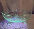 Uranium Glow Clear Depression Glass Bowl Three Footed Etched 8.25” diameter EUC