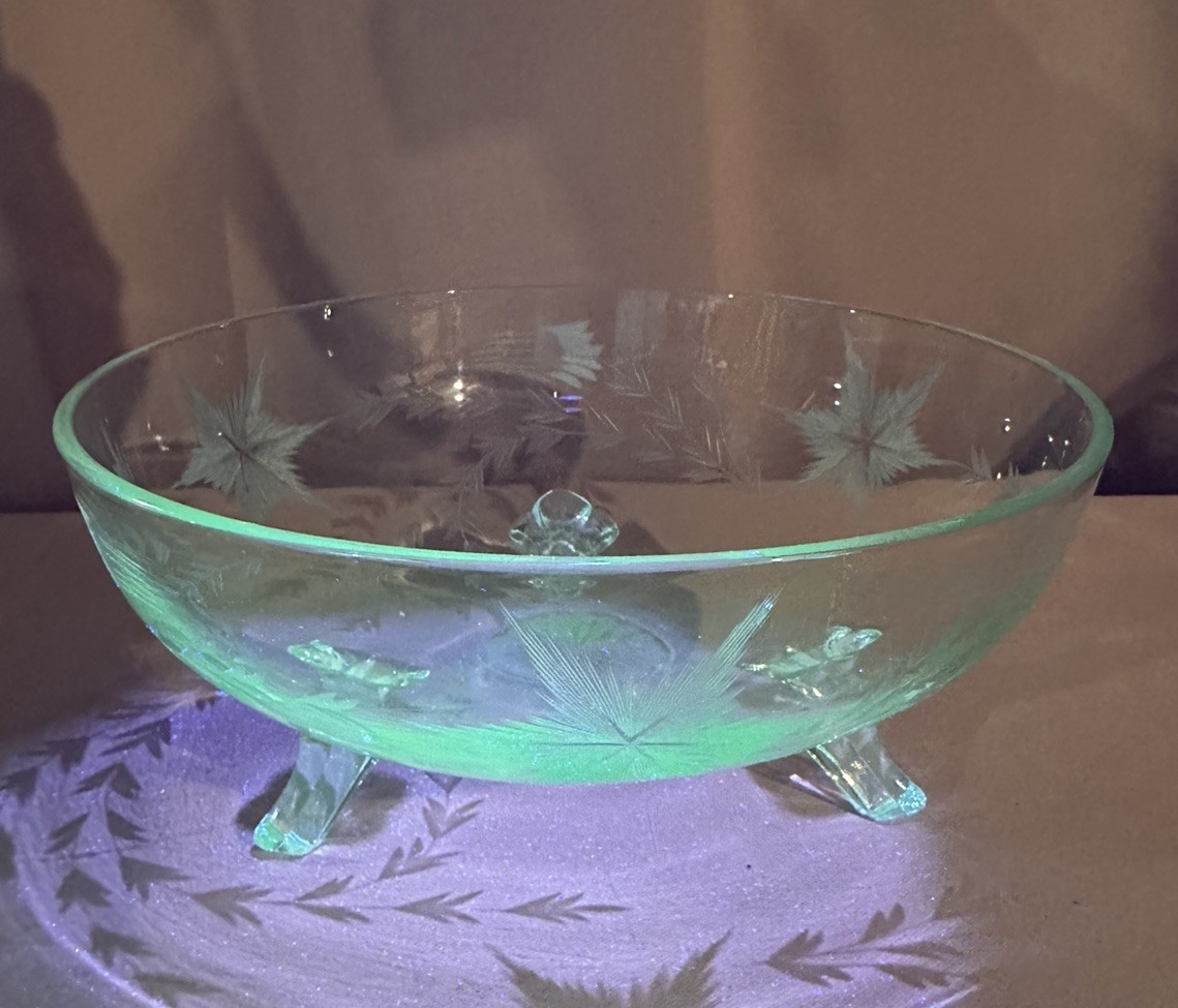 Uranium Glow Clear Depression Glass Bowl Three Footed Etched 8.25” diameter EUC