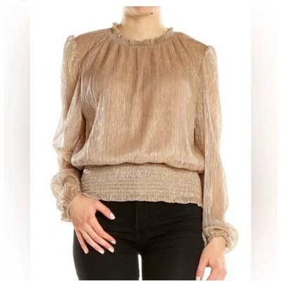 Joie NEW Metallic Shimmer Smocked sheer long sleeve top L