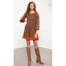 Pull&Bear Paisley Boho Babydoll Tiered Dress XL Brown Orange Peasant Cottagecore
