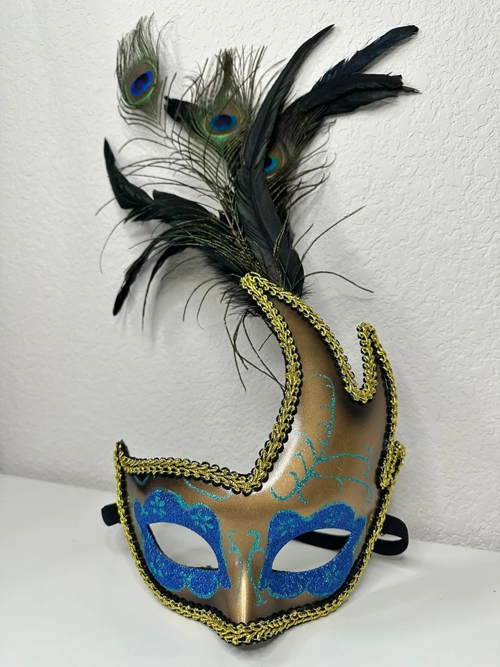 Masquerade Mask Peacock Feathers Gold Blue Glitter Venetian Mardi Gras Party - Image 2 of 4