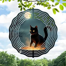 Metal Hanging Wind Spinners & Chimes - Enchanting Cat & Mushroom Design  