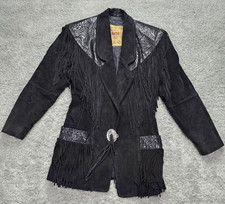 Vtg Phoenix USA Women's S Black Suede Leather Fringe Western Jacket Frontier C.