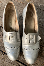 Vintage costume shoes 1900-1920's high heel buckle shoes silver Edwardian