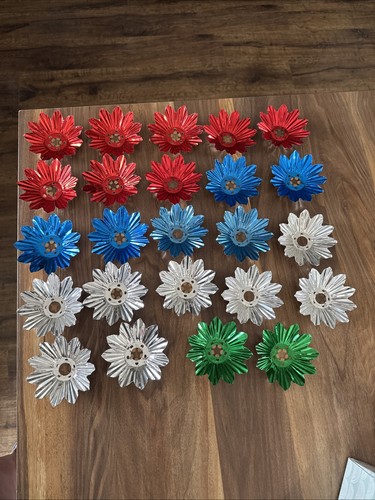 24 VTG Christmas Tree Light Bulb Reflectors Aluminum Foil Star Flowers Japan 4”