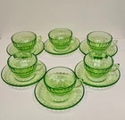 Vintage Federal Green Depression Glass Teacup and Saucer Set Of 6
