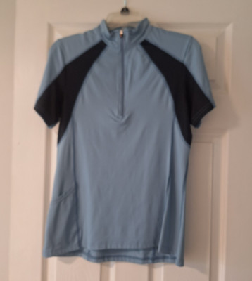 Sporty  Ladies Kerrits Short Sleeve Riding Shirt Size Large Blue w/Black  VGUC