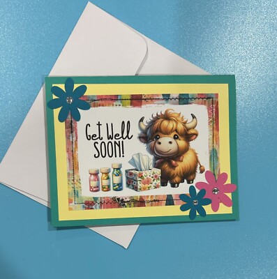 Handmade Greeting Card Highland Cow Get Well Soon! Flower Embellishments