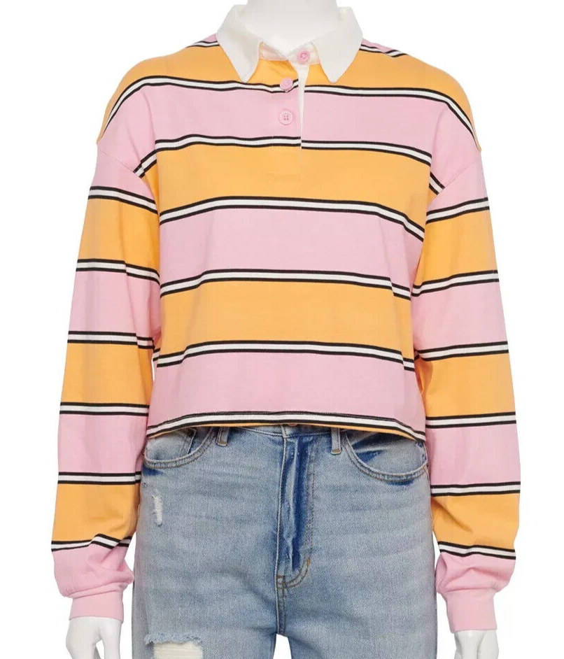 SO Junior's Collard Long Sleeve Cropped Polo Shirt- Orange/Pink Stripe Sz LARGE
