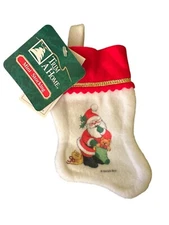Vintage Santas Best Santa With Cat Mini Stocking White Red Felt  6”