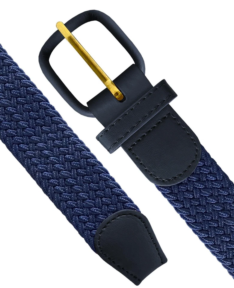 Navy Stretch Belt Leather Covered Buckle Woven Elastic Stretch Belt 1-1/4" Wide - Image 2 of 3