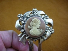 (CHS23-7) Ponytail lady TAN round cameo hair pin pick stick HAIRPIN brass