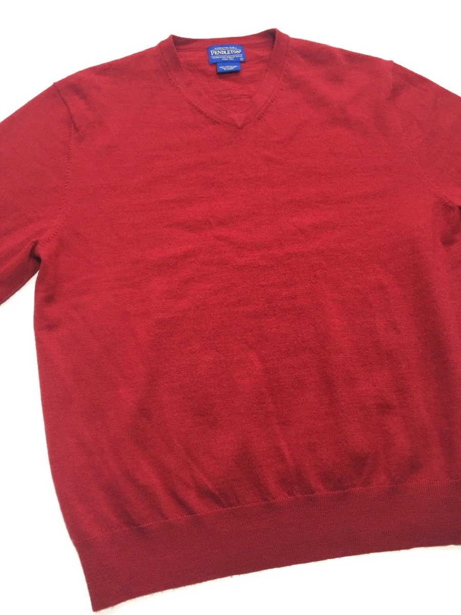 PENDLETON WOOLEN MILLS MENS LARGE V NECK SWEATER RED 100 MERINO