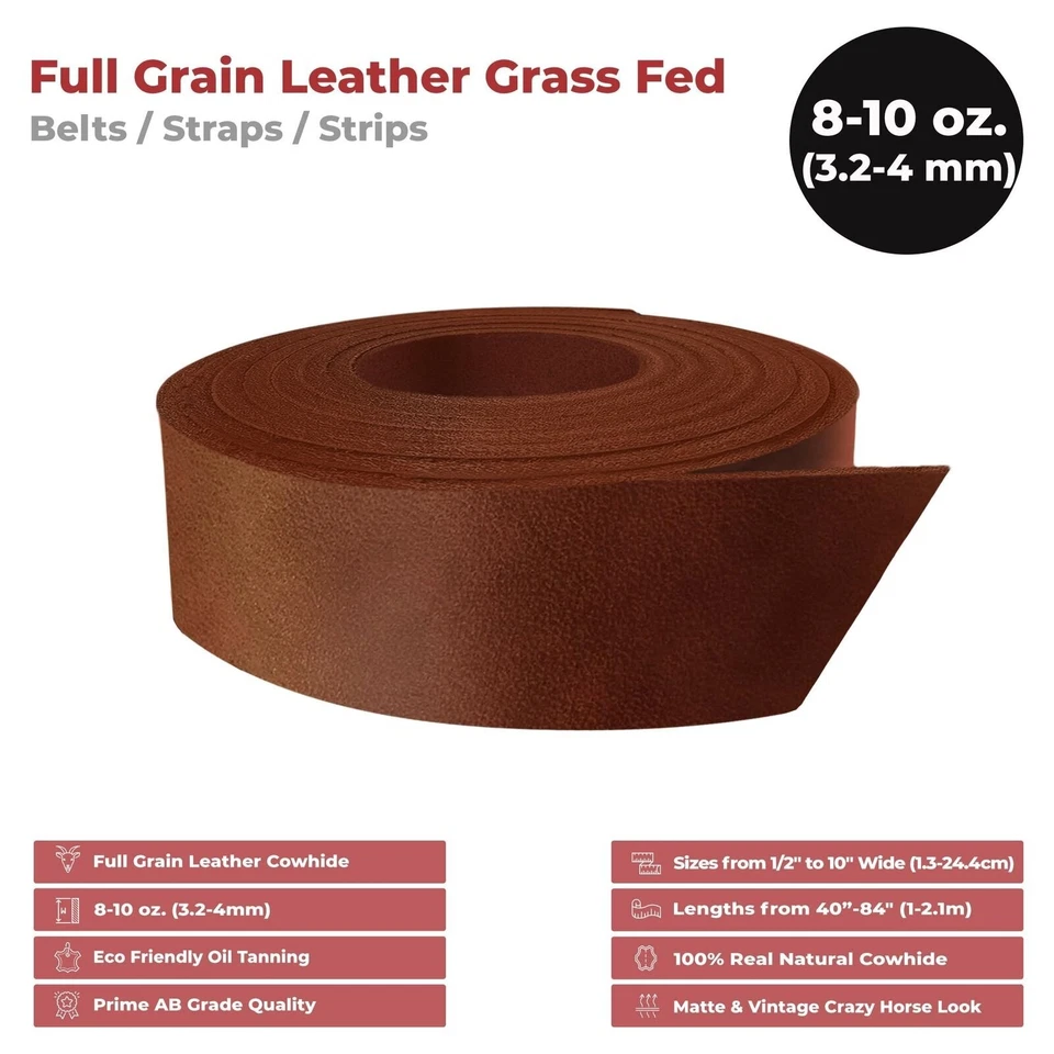 ELW 8-10 oz. (3-4mm) Straps Belts Strips Full Grain Leather Grass Fed Cowhide - Image 2 of 4