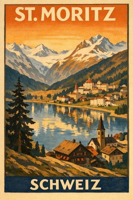 St. Moritz Switzerland Vintage Alpine Travel Poster Print 24x36