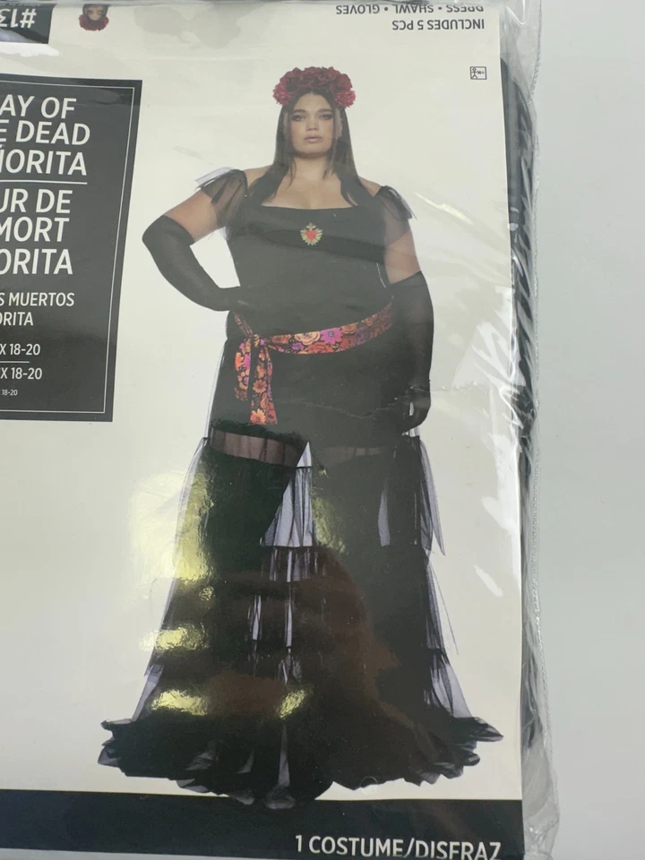 Día de los Muertos Señorita Disfraz Vestido Mantón Guantes Diadema Mujer Plus 3X 18-20 Foto 3 de 4